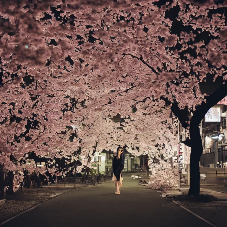 Prompt: a dramatic colorful fujifilm photograph of the silhouette of a young japanese girl standing in the middle of a tranquil desolate tokyo street lit with paper lanterns and lined with blossoming ornamental cherry trees.