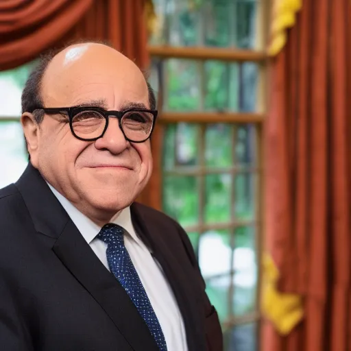 Prompt: closeup portrait of president danny devito!!! in the oval office, studio lighting, 8k