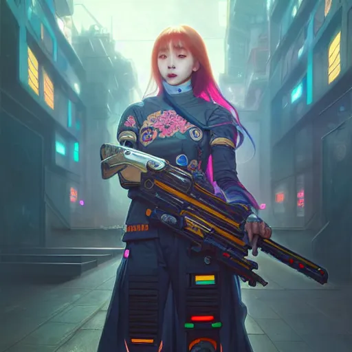 Prompt: portrait painting of chuu kpop as a cheerful smiling cyberpunk mercenary, ultra realistic, concept art, intricate details, eerie, highly detailed, photorealistic, octane render, 8 k, unreal engine. art by artgerm and greg rutkowski and magali villeneuve and alphonse mucha