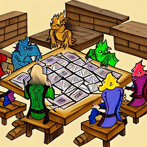 Prompt: A Group of Dragons Playing D&D in their Lair