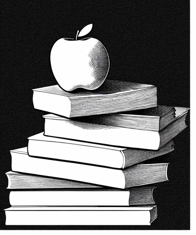 Prompt: an apple on top of a stack of books on a white background, art by piranesi, black ink, black and white, vector, vector art