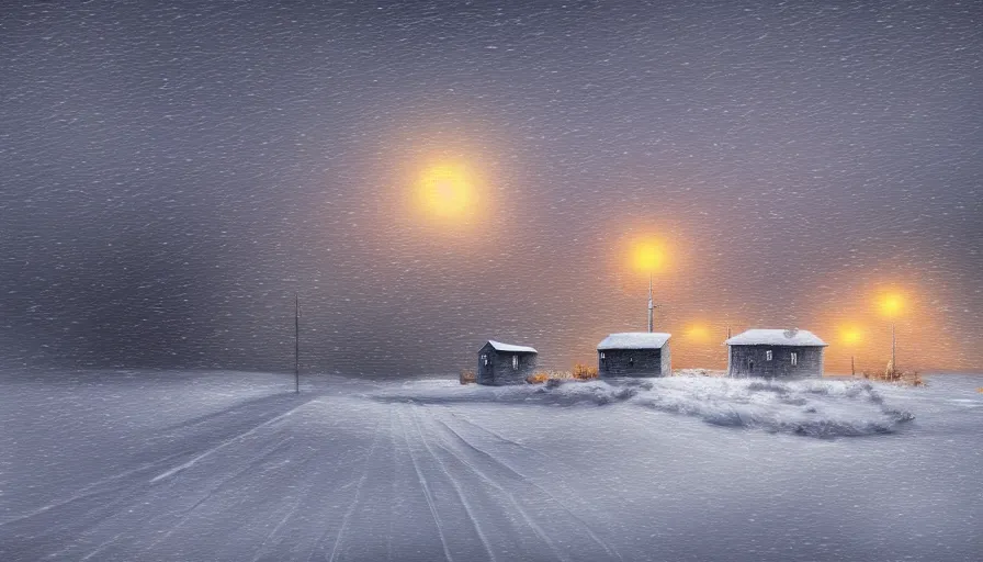 Image similar to Snowy Landscape with Blizzard! in a snowstorm!, a single Small shack in the distance with orange lights in the windows, snowstorm, digital art, highly detailed, blizzard, 4k