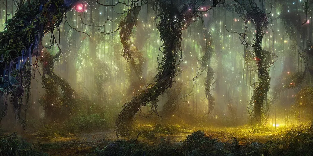 Image similar to a digital painting of a mystical forest with vines hanging from trees, fireflies glowing in various colors, desaturated, a detailed matte painting by stephan martiniere, cgsociety, fantasy art, matte painting, concept art, fractalism