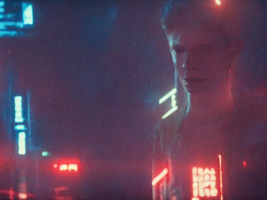 Image similar to young David Bowie, close-up, film still from Blade Runner 2049, beautiful lighting, raining, neon lights, cinematic, depth, ultra-sharp details