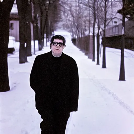 Prompt: Morton Feldman wearing a powersuit while walking through the suburbs in the winter