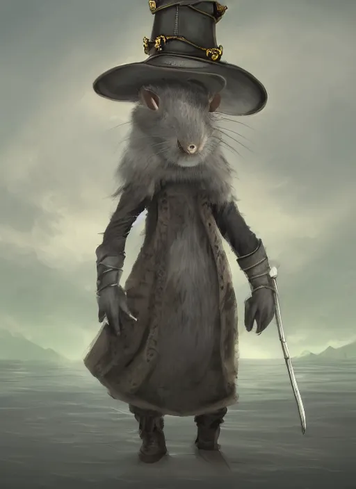 Image similar to gray rat standing on two legs, gray beard, serious, mean eyes, wearing jewelry, tricorne hat, green robe, D&D, digital art, realistic, trending on artstation, 4k, sea in the background