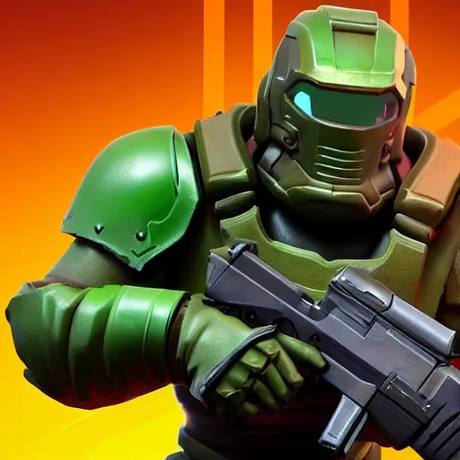 Image similar to doomguy in fortnite, 4 k, high detail, high - resolution photograph, professional photography, ultra - detail