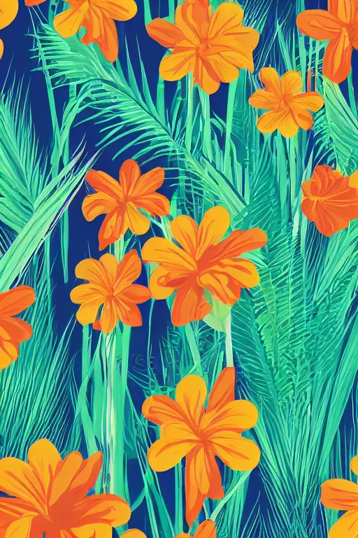 Image similar to moody vector illustration of tropical flowers and green reeds, multiple cohesive colors ranging from warm blues to bright oranges on a ((very dark background)), 4K resolution