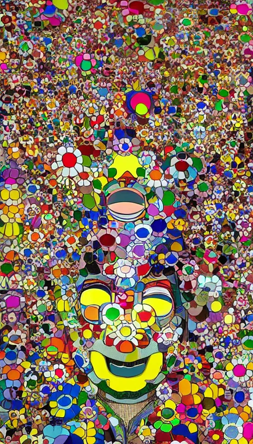 Prompt: a digital collage of a man's face surrounded by colorful objects, a digital rendering by takashi murakami, behance contest winner, neo - dada, maximalist, glitch art, fractalism