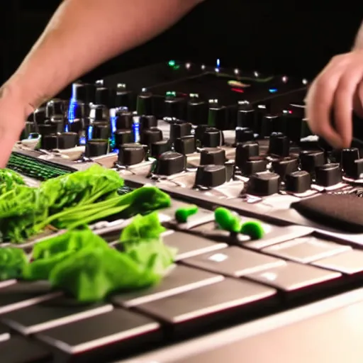 Image similar to film still of bipedal fresh produce making beats on an mpc