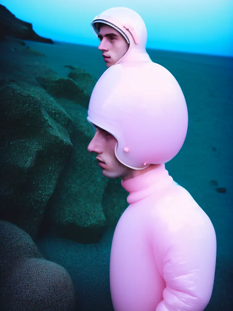 Image similar to high quality pastel coloured film portrait photograph of a beautiful twenty year young male, soft facial features, short hair, perspex space helmet and oversized inflated clothing!! icelandic black rock pool environment. atmospheric three point light. photographic. art directed. ( pastel colours ). volumetric. clearcoat. waves. 8 k. filmic.