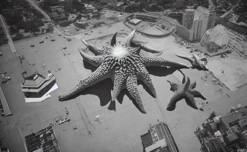 Image similar to found drone footage of a giant Kaiju monster with starfish-like arms, trampling over Pyongyang, long cast shadows, rimlight, film grain, underexposed, epic action, monochrome