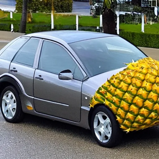 Prompt: a car in the shape of a pineapple