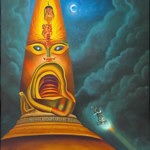 Prompt: Epic wide angle portrait of Shiva emerging from a lingam shaped rocket ship, oil painting