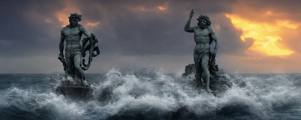 Prompt: a matte painting of a marble Poseidon statue emerging from a stormy sea at sunset, photo-realistic, very beautiful