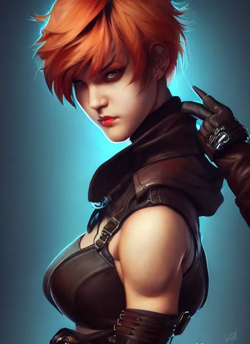 Image similar to rogue, leather bandit outfit!!! beautiful and athletic short hair female!! gorgeous face and eyes!! character concept art, sharp focus, octane render! unreal engine 5! highly rendered!! trending on artstation!! detailed linework!! illustration by artgerm, wlop, and chie yoshii