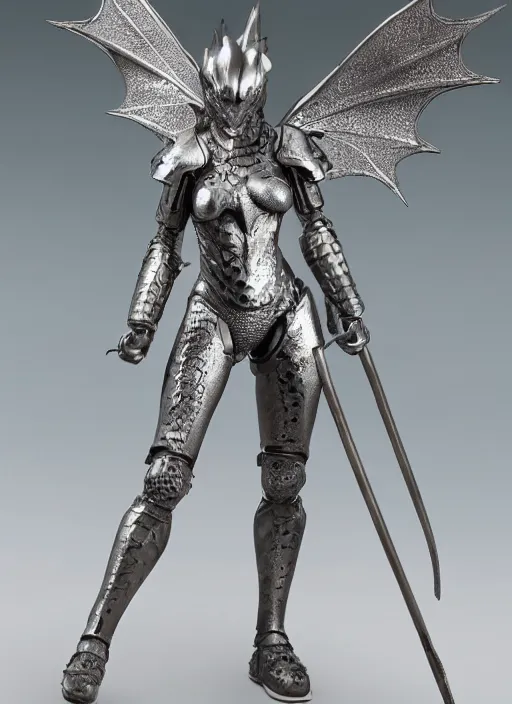 Image similar to 80mm, resin detailed model figure of a female wearing a silver dragon armor