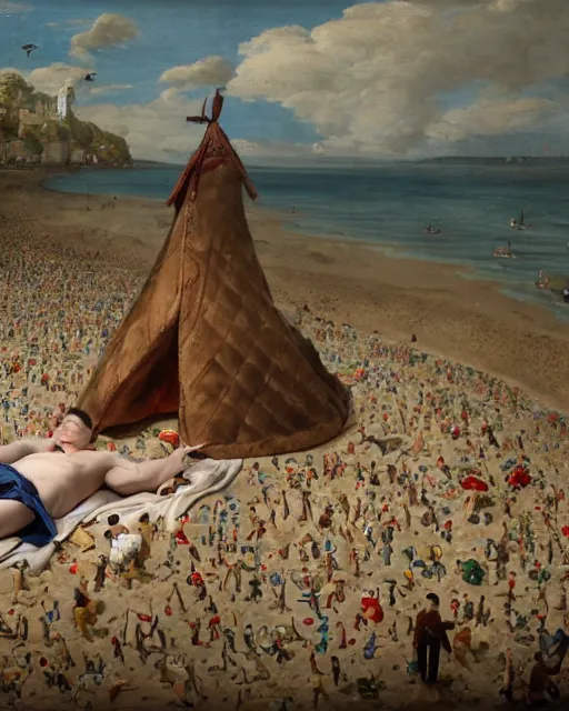 Image similar to the body of gulliver, a young man from the early 1 7 th century, lies unconscious on a lilliputian beach, surrounded by thousands of tiny lilliputians wearing strange clothes. gulliver is dressed in early 1 7 th century male clothing designed in the style of sandy powell. hyperreal and cinematic, trending on artstation, gulliver ’ s travels