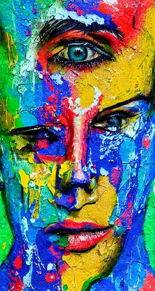 Image similar to intricate face with dots of paint melting in to a colorful painting made of gouache impasto