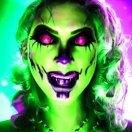 Prompt: a portrait photo of a poison themed female villain, glowing green, poison dripping, poison teeth, detailed character design, symmetrical face, purple highlights