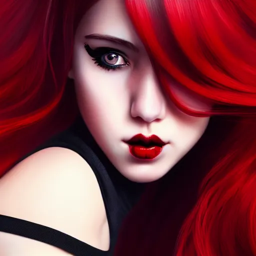 Image similar to a realistic illustration portrait of a beautiful cute girl with wavy black and red hair, a pointy nose and, round chin black eyeliner, trending on artstation, dynamic, hyper - realistic lighting, intricate, ross tran, realistic hair