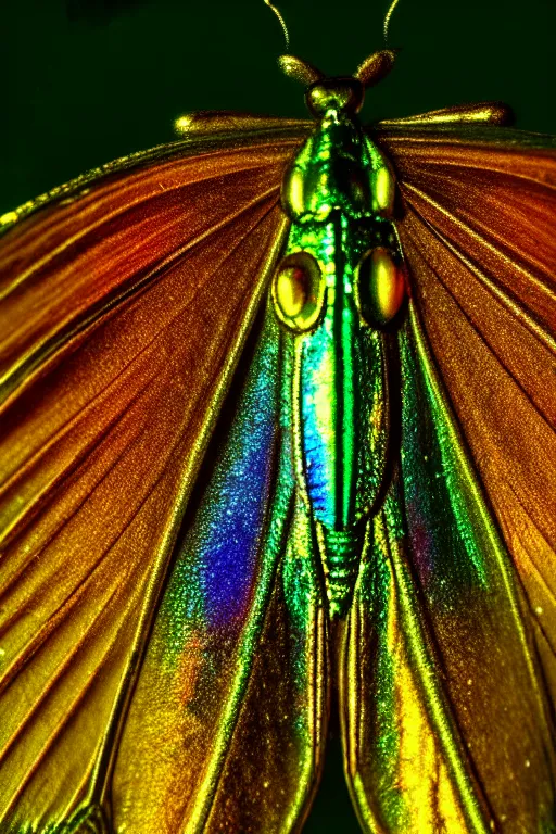 Image similar to high quality close-up photo gothic iridescent moth! jewelled gorgeous! highly detailed david ligare elson peter cinematic yellow neon lighting high quality low angle hd 8k sharp shallow depth of field