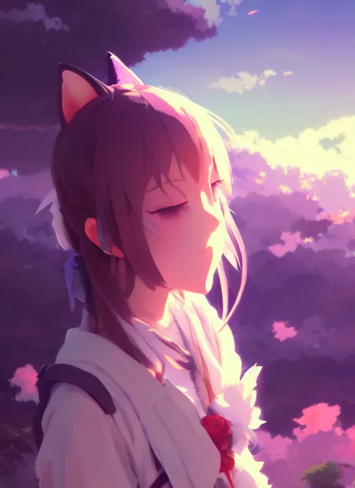 Image similar to portrait of cute catgirl, cloudy sky background lush landscape illustration concept art anime key visual trending pixiv fanbox by wlop and greg rutkowski and makoto shinkai and studio ghibli