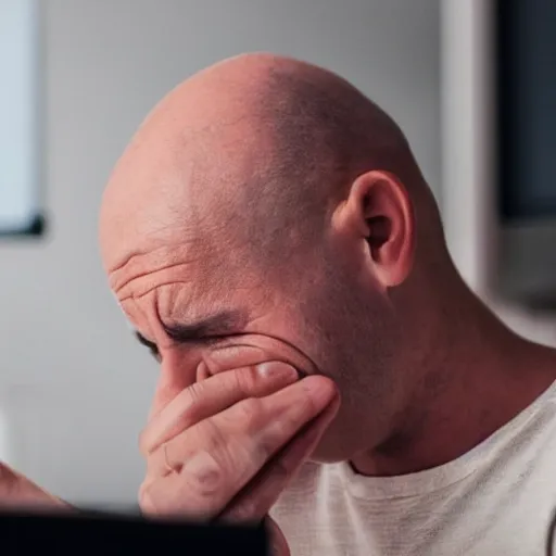 Image similar to crying sad hairless bald man crying at his computer with twitter open in the background, professional photo