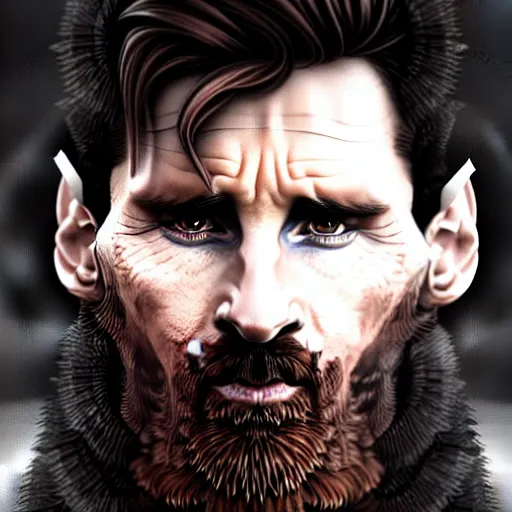 Image similar to Lionel Messi with a majestic beard, closeup, D&D, fantasy, intricate, elegant, highly detailed, digital painting, artstation, concept art, matte, sharp focus, illustration, art by Artgerm and Greg Rutkowski and Alphonse Mucha