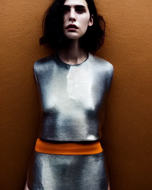 Prompt: hila klein, wearing an oufit made from stainless steel, weird expressionist pose, modern fashion, half body shot, photo by greg rutkowski, female beauty, f / 2 0, symmetrical face, warm colors, depth of field