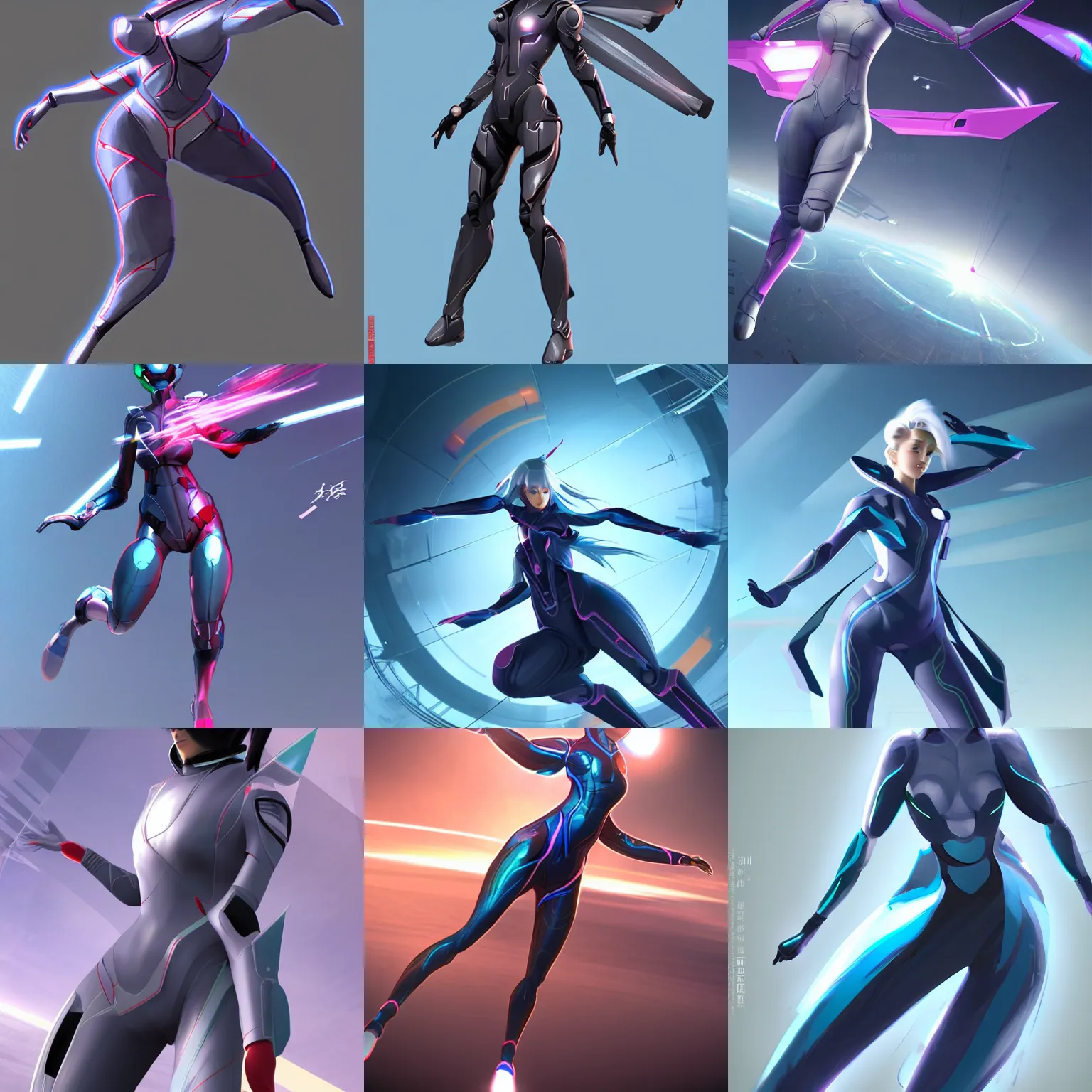 Prompt: a woman in a futuristic suit flying through the air, concept art by lu ji, featured on polycount, dau - al - set, official art, dynamic pose, anime aesthetic