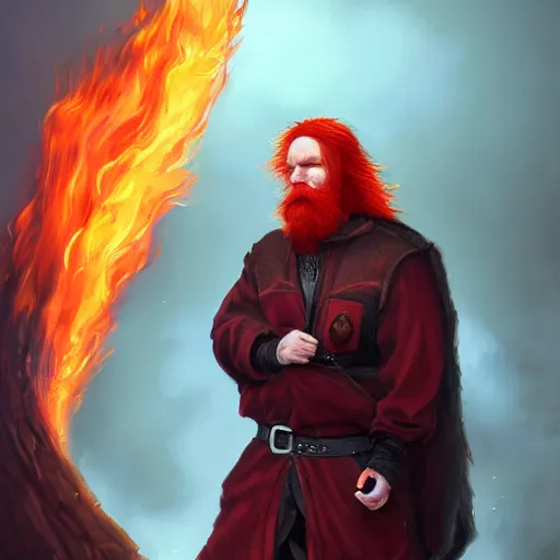 Image similar to grumpy young red haired man with red beard, wearing black coat, fire behind him, fire, fire mage, shooting fire, oil painting, fantasy artwork, fantastic artwork, 4 k, trending on artstation