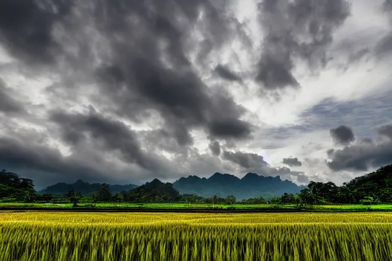 Image similar to a beautiful landscape photography of Gunung Jerai, Yan, Malaysia with a paddy field, dramatic sky, 500px, award winning, moody