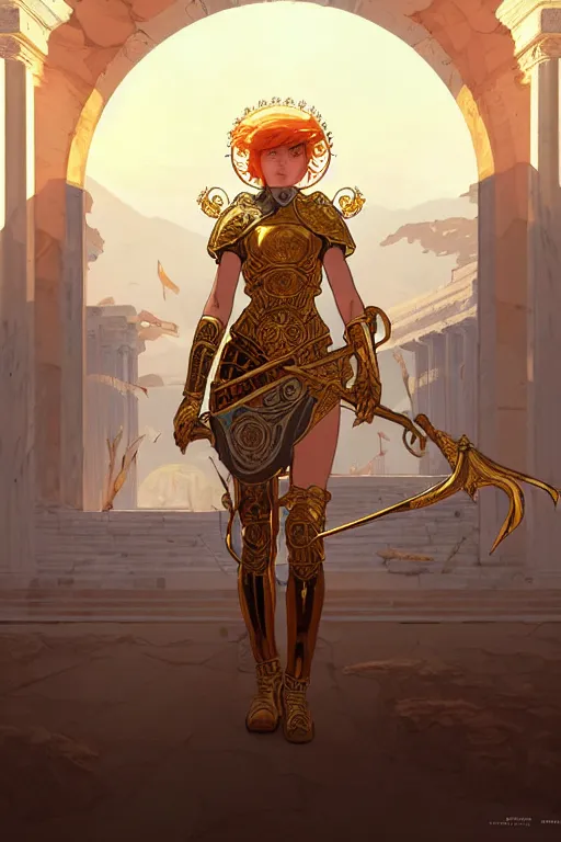 Image similar to portrait knights of zodiac girl, golden and copper shining armor, in ruined agora of athens sunrise, ssci - fi and fantasy, intricate and very very beautiful and elegant, highly detailed, digital painting, artstation, concept art, smooth and sharp focus, illustration, art by tian zi and ilya kuvshinov and wlop and alphonse mucha