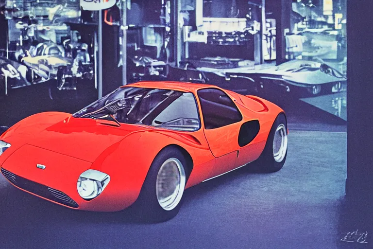 Image similar to designed by giorgetto giugiaro stylized poster of a single 1 9 5 9 miura citroen dm bmw m 1 ( ( mclaren f 1 ) ) delorean concept, thick neon lights, ektachrome photograph, volumetric lighting, f 8 aperture, cinematic eastman 5 3 8 4 film