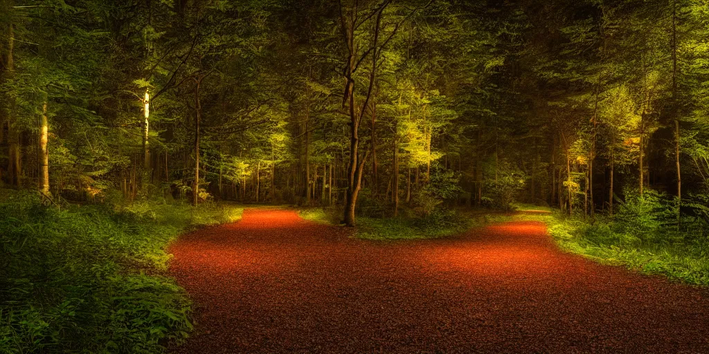 Prompt: The forest path with light lighting it and fireflys, 4k, highly detailed, vivid colors, high definition, Rocha, Andreas