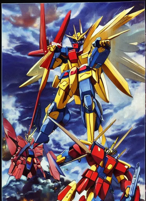 Prompt: Tremendous battle scenes. The mighty God and Gundam. Gundam challenged God to a battle.