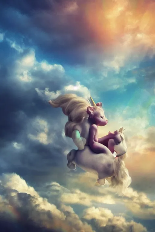 Image similar to a tiny baby unicorn on a rainbow cloud, dramatic lighting, cinematic, establishing shot, extremely high detail, foto realistic, cinematic lighting, post processed, concept art, high details, cinematic, 8k resolution, beautiful detailed, photorealistic, digital painting, artstation, concept art, smooth, sharp focus, artstation trending, octane render, unreal engine