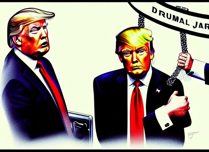 Image similar to donald trump and joe biden in handcuffs going to jail, digital art, trending on artstation, highly detailed, illustration, concept art, elegant, beautiful, masterpiece