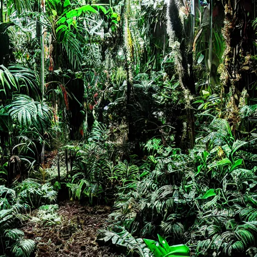 Prompt: a rainforest filled with ancient magical technology and neon lights,