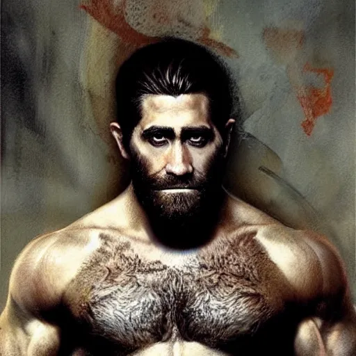 Image similar to jake gyllenhaal with a hairy!!!!! shredded!!!!! body type, painting by Gaston Bussiere, Craig Mullins