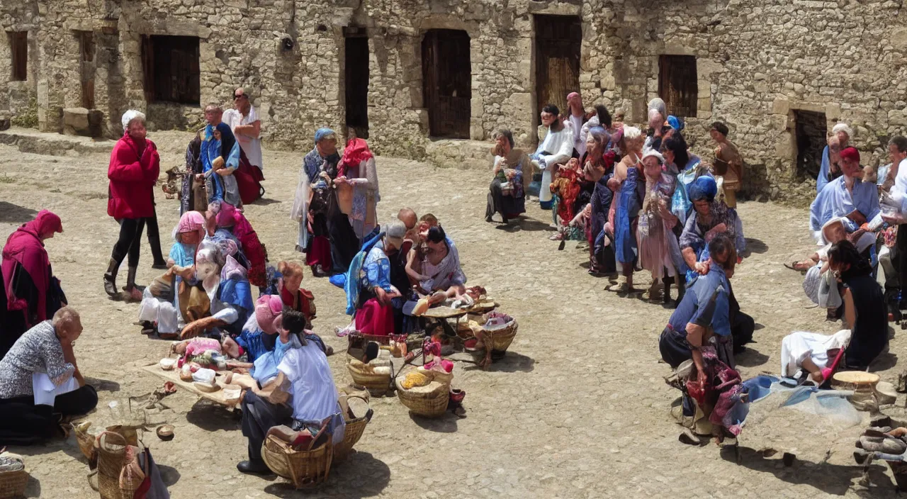 Image similar to people sharing jewels with each other in the middle of a medieval village