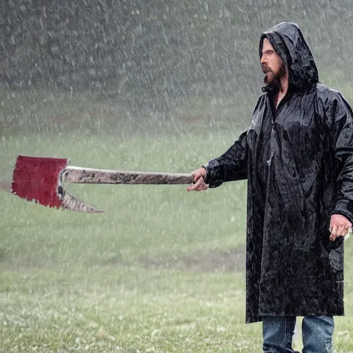 Image similar to christian bale in a clear rain coat holding an axe hd