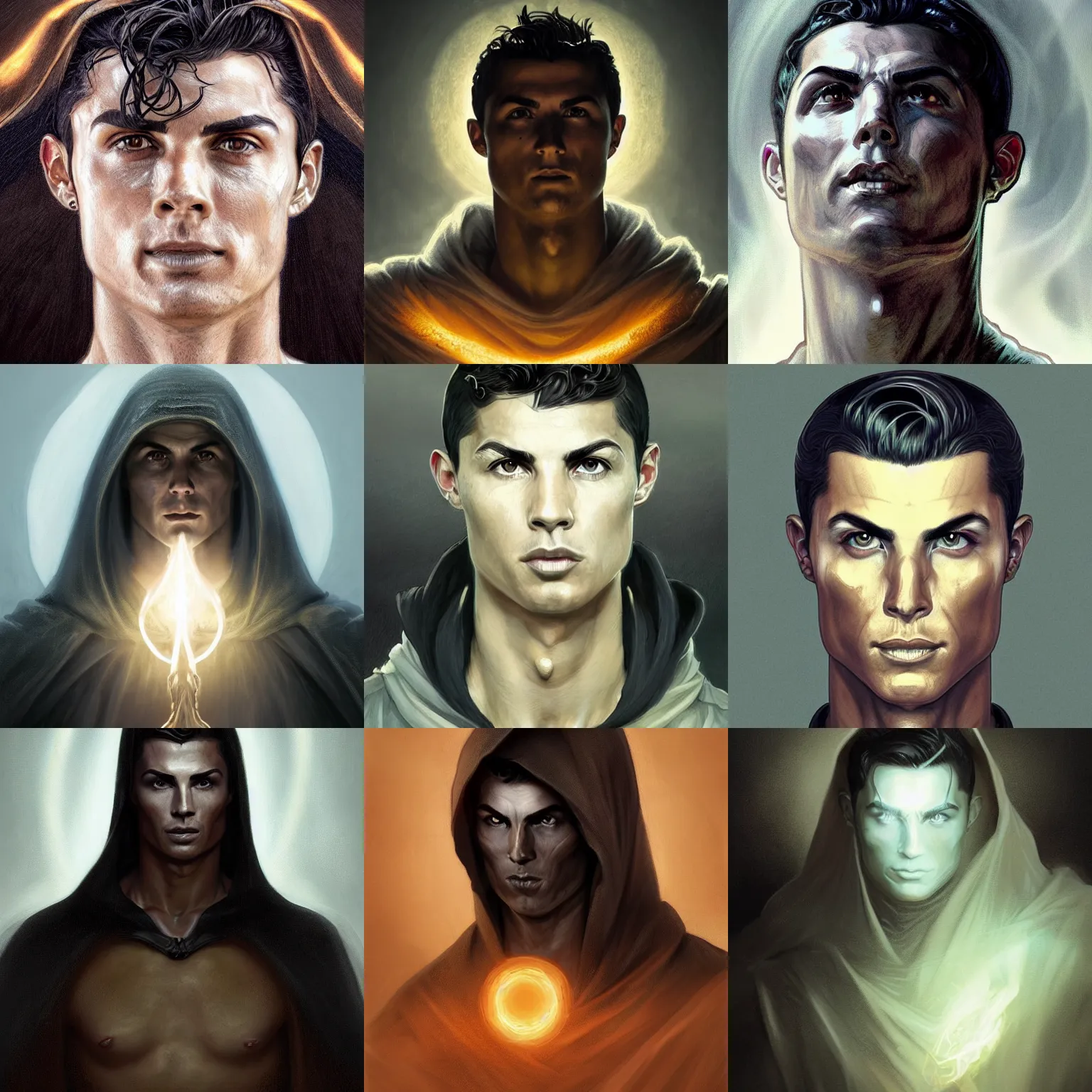 Prompt: Portrait of Cristiano Ronaldo, white glowing eyes, black hair, cloak, ethereal wings, male, fantasy, extremely detailed, digital painting, artstation, concept art, smooth, sharp focus, illustration, stunning lighting, art by artgerm and greg rutkowski and alphonse mucha and simon stalenhag, realistic character concept, high fantasy, light atmosphere, golden ratio, cinematic lighting, hyperdetailed, high resolution, insanely detailed and intricate, artstation, Marc Simonetti, Greg Rutkowski, 8k