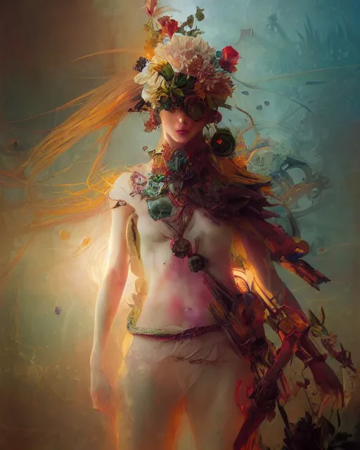 Image similar to Floralpunk elysian Maiden of radiant light by Ruan Jia, award winning art, Artstation, art nouveau aesthetic