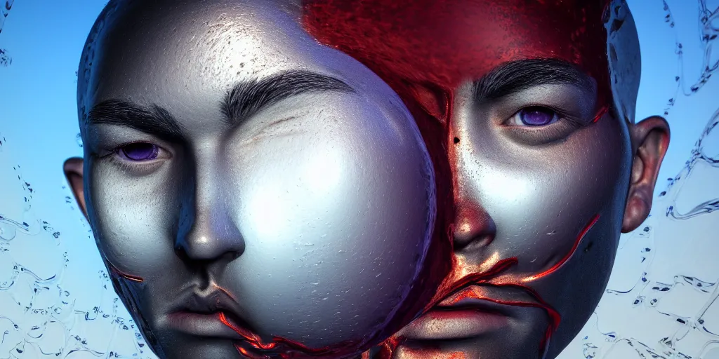 Prompt: face portrait of a warrior with his face colliding with a reflective sphere rendered in bryce 3 d, art by salvador dali and yves tanguy, ray - traced, water ripples, atmosphere, depth of field, vibrant color, trending on artstation, ultra high detail, ultra realistic, dramatic, cinematic, focused