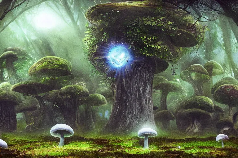 Prompt: a photo of the most beautiful gem in the world hovering in a mystical huge mushroom forest, dreamy