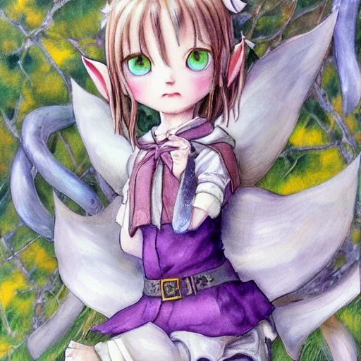 Image similar to little elf tomboy, tunic, soft hair. light color palate, purple, yellow and white. detailed soft painting, ayami kojima, made in abyss, anatomically correct, inspired in balthus, high detailed face anime