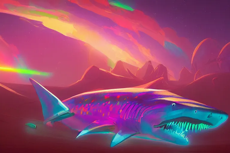 Prompt: a holographic projection of a huge colorful lucid shark made of light beams appears in the desert at night, a man is stunned, by anton fadeev, highly - detailed, fantasy, sci - fi