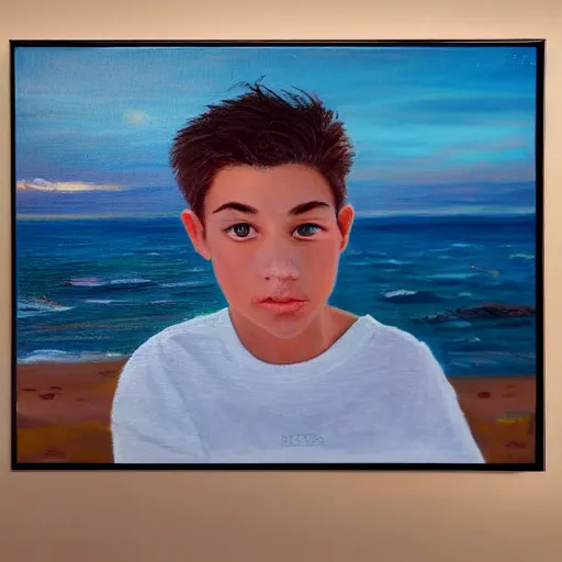 Image similar to an influencer teen guy portrait, sunset, ocean in distance, oil painting, pale colors, high detail, 8 k, wide angle, trending on artstation,